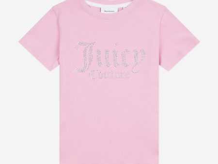 Juicy Couture Girls Diamante Logo Fitted T-Shirt in Pink For Discount