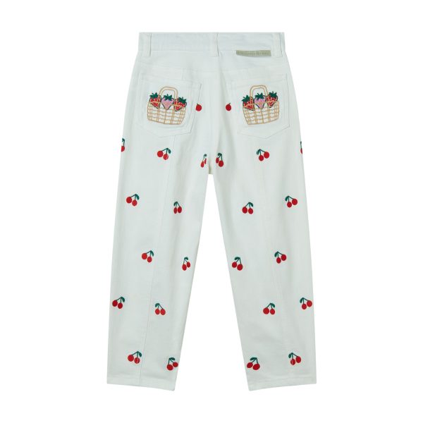 Girls White Printed Cherry Cotton Trousers Sale