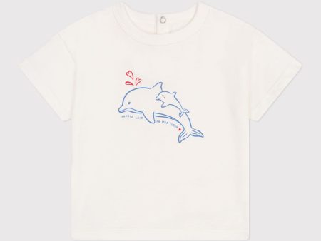 Baby Girls Ivory Printed Dolphin Cotton T-Shirt For Discount