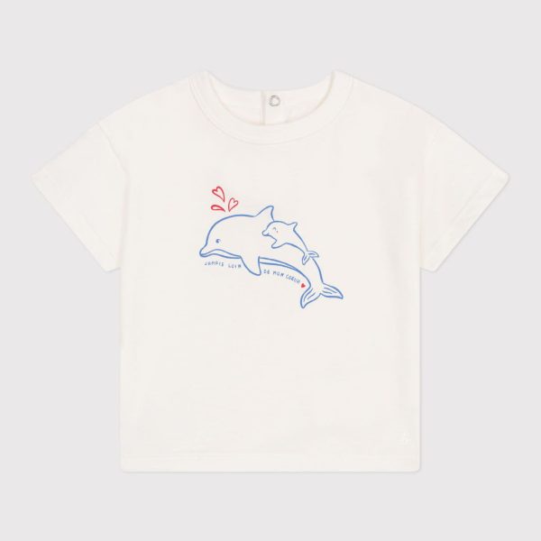 Baby Girls Ivory Printed Dolphin Cotton T-Shirt For Discount