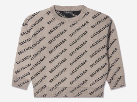 Balenciaga Kids All Over Logo Sweatshirt in Beige on Sale