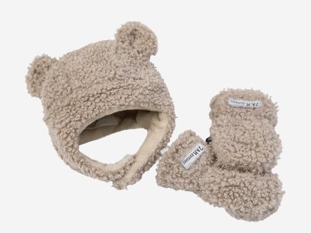 7AM Enfant Baby Hat & Mittens Set-Teddy in Beige Cheap